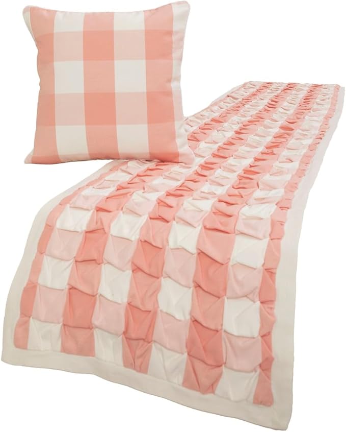 The HomeCentric King/Queen/Twin Peach Pink Decorative CA King 86"x18" Bed Runner Without Pillow Cover, Textured & Buffalo Checks Bed Scarf on Cotton Fabric - Buffalo Plaid Peach