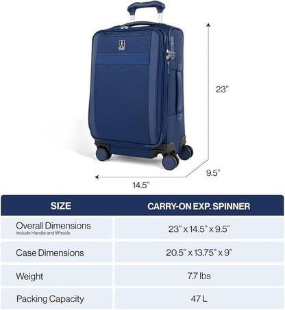 Travelpro VersaPack+ Lightweight Softside Expandable Carry on Luggage, 8 Spinner Suitcase, TSA Lock, Men and Women, Carry On 21-Inch, Estate Blue