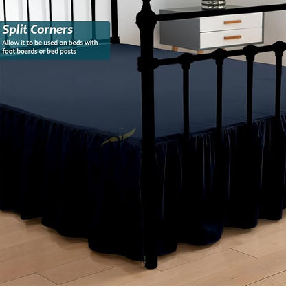 Shreem Linen Ruffled Bed Skirt with Split Corners, Gathered Style, 100% Microfiber, 30-Inch Drop, Dust Ruffle Bedskirt with Platform, Full-XXL, Navy Blue