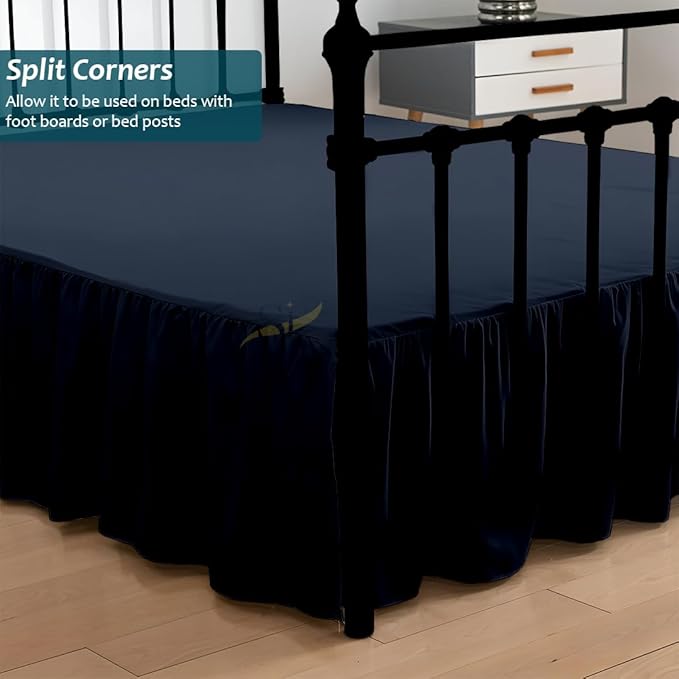 Shreem Linen Ruffled Bed Skirt with Split Corners, Gathered Style, 100% Microfiber, 12-Inch Drop, Dust Ruffle Bedskirt with Platform, Queen-XL, Navy Blue