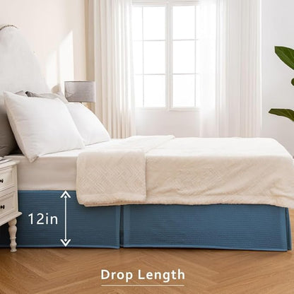 MIYE Pleated Waffle Weave Bed Skirt, Tailored Dust Ruffle 12 Inch Drop Easy Fit, Machine Washable (Blue,Cal King - 12" Drop)