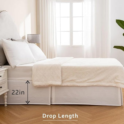 MIYE Pleated Waffle Weave Bed Skirt, Tailored Dust Ruffle 22 Inch Drop Easy Fit, Machine Washable (White, Twin - 22" Drop)
