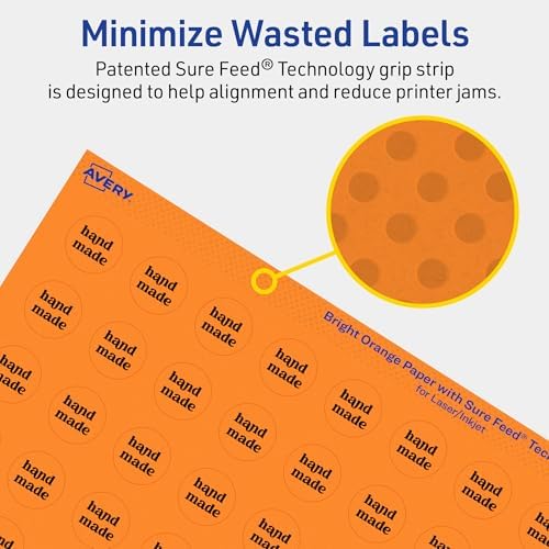 Avery Printable Round Labels, Sure Feed Technology, 3/4" Diameter, Bright Orange Labels, Print-to-the-Edge, Laser/Inkjet, 6,400 Total, Great for Price Stickers and Mailing Seals