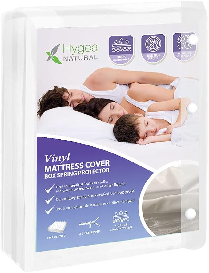 Hygea Natural King Size Tear-Free Vinyl Box Spring & Mattress Cover - Waterproof, Anti-Bed Bug and Allergen-proof, Zippered Encasement - 78” x 80” x 9” Deep - Durable Protection