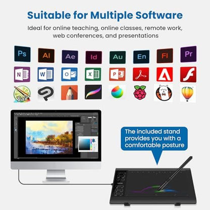 Graphics Drawing Tablet, 10×6 Inch Large Active Area with Battery-Free Stylus, 8192 Levels of Pen Pressure and 12 Hot Keys, Compatible with PC/Mac/Android for Painting, Design & Online Teaching