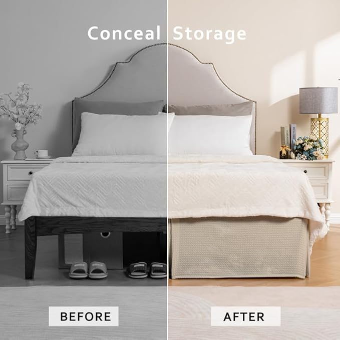 MIYE Pleated Waffle Weave Bed Skirt, Tailored Dust Ruffle 18 Inch Drop Easy Fit, Machine Washable (Navy Blue, Full - 18" Drop)