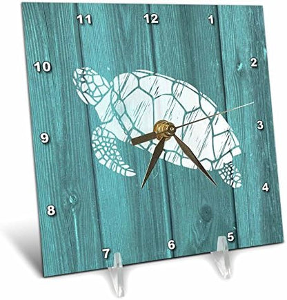 3dRose Turtle Stencil in White Over Teal Weatherboard- Not Real Wood - Desk Clock, 6 by 6-Inch (dc_220428_1)