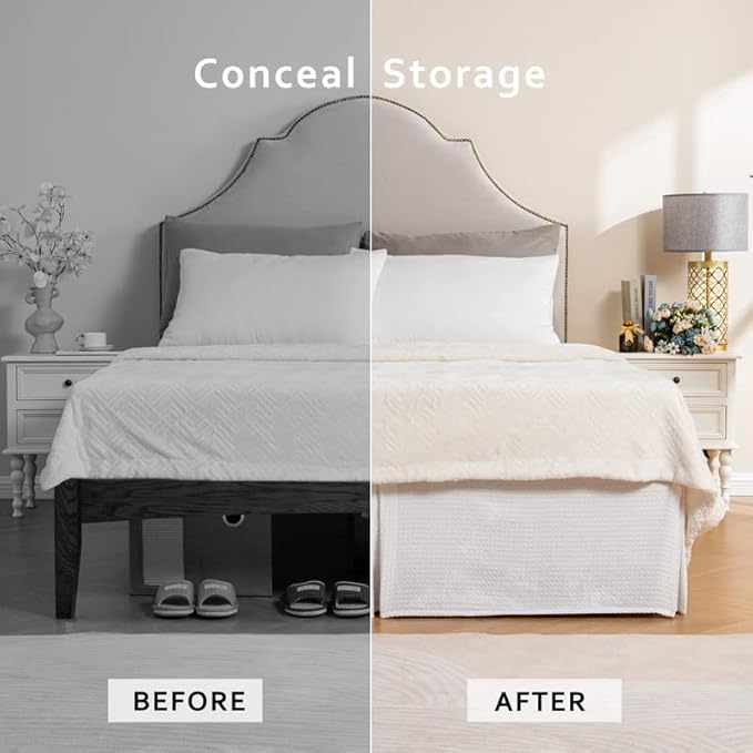 MIYE Pleated Waffle Weave Bed Skirt, Tailored Dust Ruffle 16 Inch Drop Easy Fit, Machine Washable (White, Twin - 16" Drop)