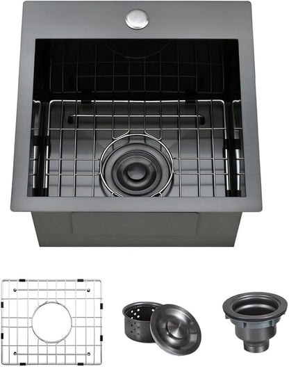 ARTLINE 15 x 15 Inch Black Drop in Bar Sink, Stainless Steel Single Bowl Kitchen Sink, Small Topmount 9 Inch Deep Wet Bar sink for Outdoor Prep RV Yard Laundry Utility with Dish Grid & Drain