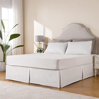 MIYE Pleated Waffle Weave Bed Skirt, Tailored Dust Ruffle 16 Inch Drop Easy Fit, Machine Washable (White, TwinXL - 16" Drop)