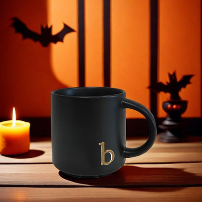 COLLECTIVE HOME Black Ceramic Coffee Mug, 15 oz Golden Monogram Tea Cup |