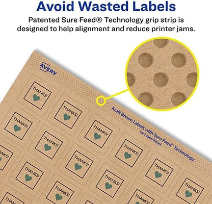 Avery® Kraft Brown Square Labels, Sure Feed® Technology, 1" x 1", 720 Kraft Brown Labels, Print-to-The-Edge, Laser/Inkjet Printable