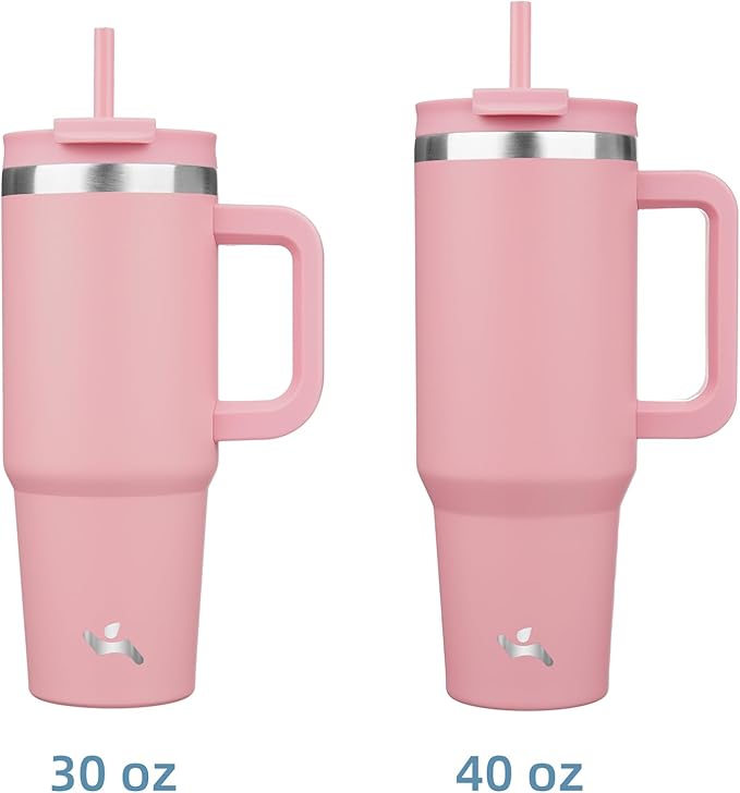40 oz Tumbler with Handle and 2 Straws,2 in 1 Lid Insulated Water Bottle Stainless Steel Travel Coffee Mug,Pink