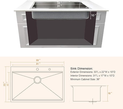 33x22 Drop In Kitchen Sink Workstation-Bokaiya Stainless Steel Kitchen Sink 33x22 Top Mount Drop In Workstation 16 Gauge 10" Handmade Deep Single Bowl Kitchen Sinks with Cutting Board