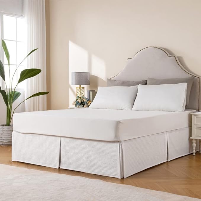 MIYE Pleated Waffle Weave Bed Skirt, Tailored Dust Ruffle 22 Inch Drop Easy Fit, Machine Washable (White, Twin - 22" Drop)