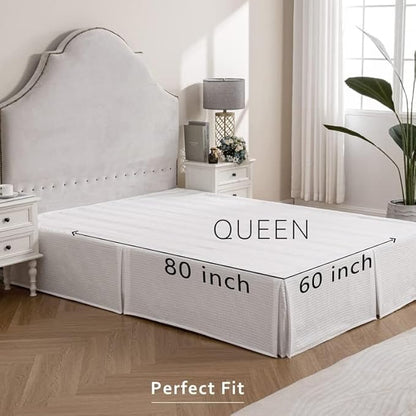 MIYE Pleated Waffle Weave Bed Skirt, Tailored Dust Ruffle 16 Inch Drop Easy Fit, Machine Washable (White, Queen - 16" Drop)