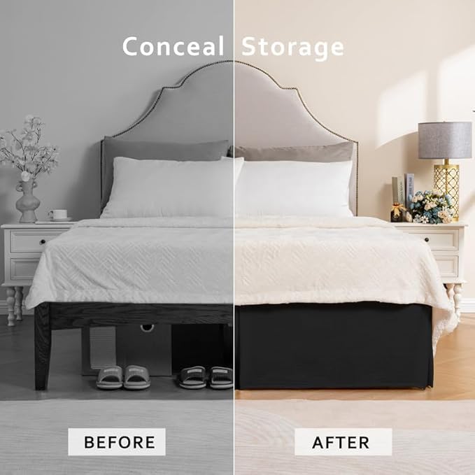 MIYE Pleated Waffle Weave Bed Skirt, Tailored Dust Ruffle 12 Inch Drop Easy Fit, Machine Washable (Black, Queen - 12" Drop)