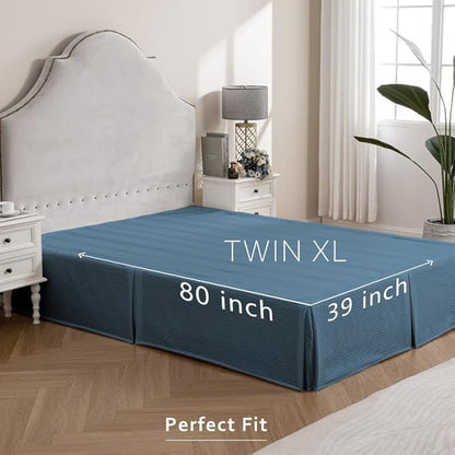 MIYE Pleated Waffle Weave Bed Skirt, Tailored Dust Ruffle 14 Inch Drop Easy Fit, Machine Washable (Blue, TwinXL - 14" Drop)
