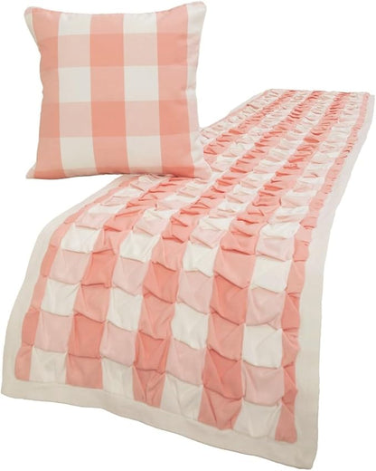 The HomeCentric King/Queen/Twin Peach Pink Decorative Twin 53"x18" Bed Runner with Pillow Cover, Textured & Buffalo Checks Bed Scarf on Cotton Fabric - Buffalo Plaid Peach