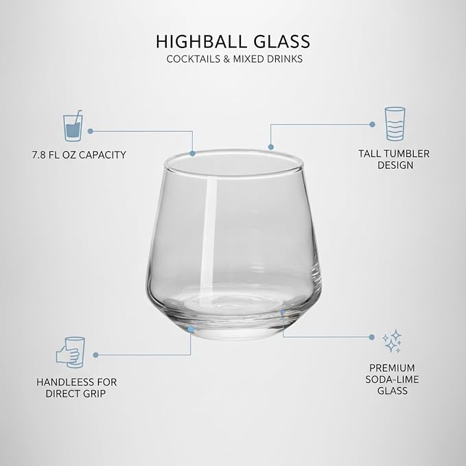 Handleless Highball Glass, 7.8 oz Tall Tumbler