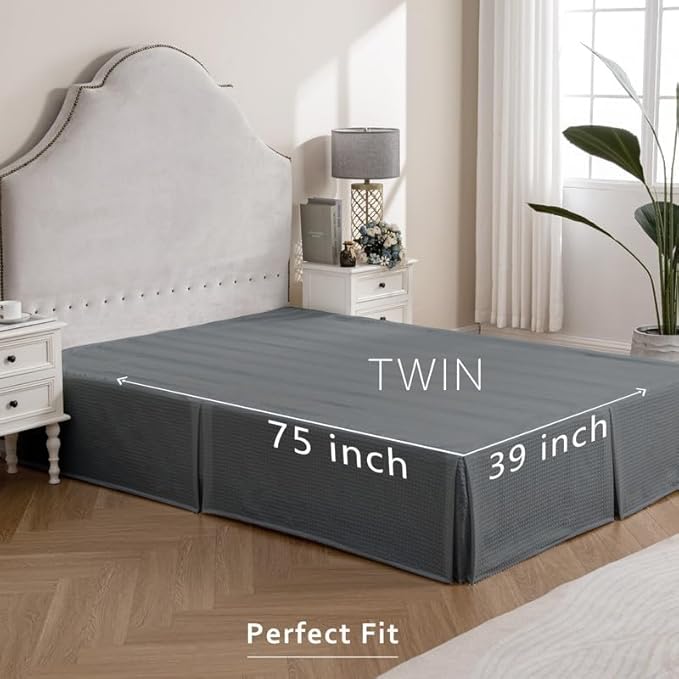MIYE Pleated Waffle Weave Bed Skirt, Tailored Dust Ruffle 12 Inch Drop Easy Fit, Machine Washable (Dark Grey, Twin - 12" Drop)