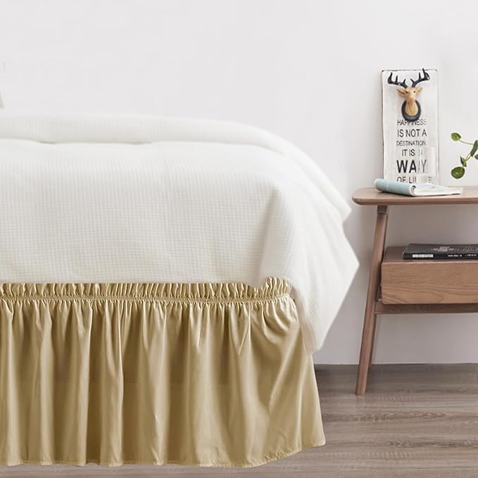 King Bed Skirt, Elastic Wrap Around Bed Skirt King Size, Bed Skirts for Adjustable Bed, Easy Fit with 14" Drop Length Tailored Drop Dust Ruffle (Beige)