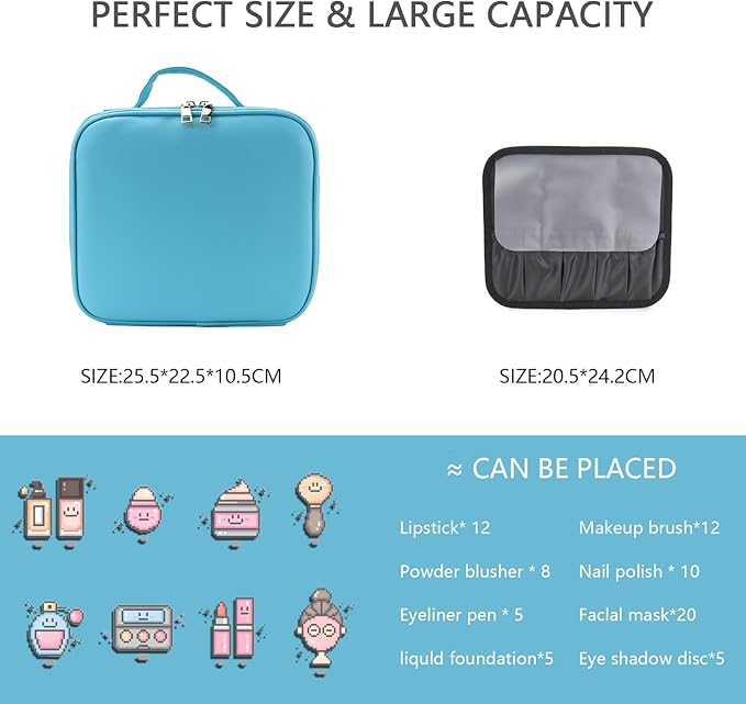 Makeup Bag with Led Mirror,Travel Makeup Organizer with 3 Color Setting, Portable Storage and Adjustable Dividers Travel Makeup Bag(blue)