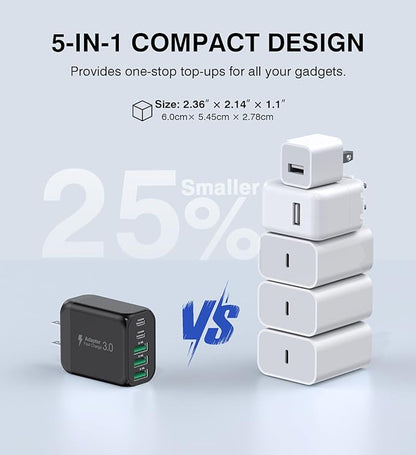 [2-Pack]50W USB C Wall Charger Block, 5-Port C Charger Fast Charging Block PD Power Adapter +QC 3.0 Multiport Type C Box Brick Cube USB A Wall Plug for iPhone 16/15/14/13 Pro Max,Samsung Galaxy(Black)