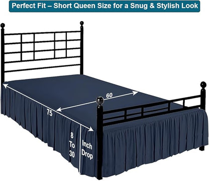 Shreem Linen Ruffled Bed Skirt with Split Corners, Gathered Style, 100% Microfiber, 21-Inch Drop, Dust Ruffle Bedskirt with Platform, Short Queen, Navy Blue