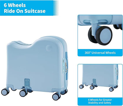 TABU Ride-on Luggage with Handbag for Kids，Hardshell Carry On Suitcase with Hidden Cup Holder, Foldable Pedal,Type-C & USB Interface, TSA Lock, 6-Spinner Wheels, Blue