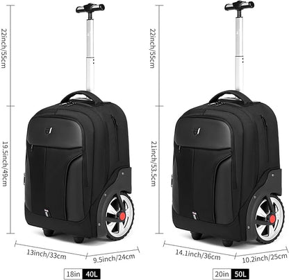 Rolling Backpack,Waterproof Backpack with Wheels for Business and Travel Commuter, Carry on Backpack with Laptop Compartment, Fit 15.6 Inch Laptop, Wheeled Backpack for Adults, 18Inch