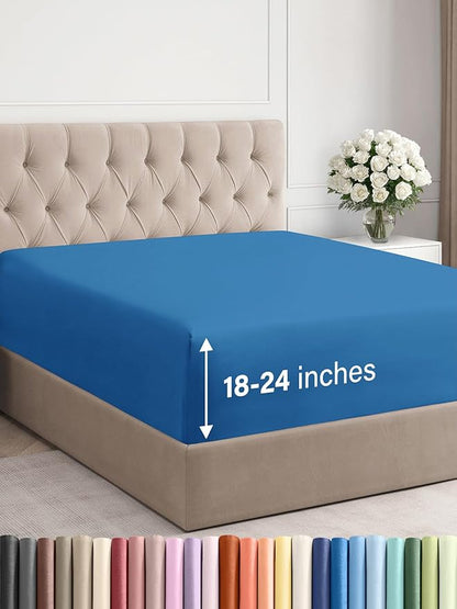 Extra Deep King Fitted Sheet - Hotel Luxury Single Fitted Sheet Only - Easily Fits 18 inch to 24 inch Mattress - Ultra Soft, Wrinkle & Fade Free w/Extra Deep Pockets - Breathable & Comfy - Royal Blue