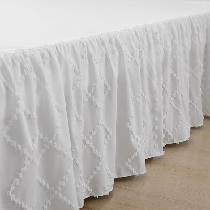 Bed Skirt Full Size Ruffled Bed Skirt with Split Corners, 12 Inch Drop Dust Ruffle Bed Skirts with Platform, Boho Tufted Shabby Chic Full Size Bed Skirts, White