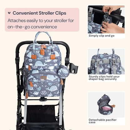 BabbleRoo Diaper Bag Backpack - Baby Essentials Travel Tote - Multi Function Water Resistant Diaper Bag, Travel Essentials Baby Bag with Changing Pad, Stroller Straps & Pacifier Case - Sea Animals