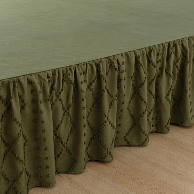 Bed Skirt King Size Ruffled Bed Skirt with Split Corners, 14 Inch Drop Dust Ruffle Bed Skirts with Platform, Boho Tufted Shabby Chic King Size Bed Skirts, Olive Green