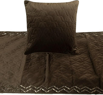 The HomeCentric King Queen Twin Brown Designer Full 68"x18" Bed Runner with Pillow Cover, Quilted & Crystals Bed Scarf on Velvet Fabric - Brown Diamond Symphony