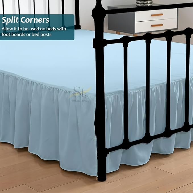 Shreem Linen Ruffled Bed Skirt with Split Corners, Gathered Style, 100% Microfiber, 30-Inch Drop, Dust Ruffle Bedskirt with Platform, Olympic Queen, Light Blue