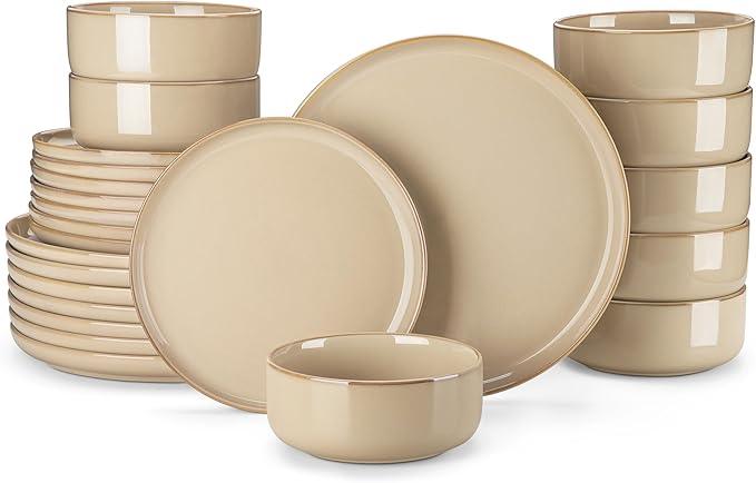 vancasso PLAYA Ceramic Plates and Bowls Sets, 24 Pieces Brown Dinnerware Sets for Kitchen, Reactive Glaze Dishes Set for 8, Dishwasher and Microwave Safe