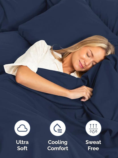 Extra Deep Cal King Fitted Sheet - Hotel Luxury Single Fitted Sheet Only - Easily Fits 18 inch to 24 inch Mattress - Ultra Soft, Wrinkle Free with Extra Deep Pockets - Breathable & Comfy - Navy Blue