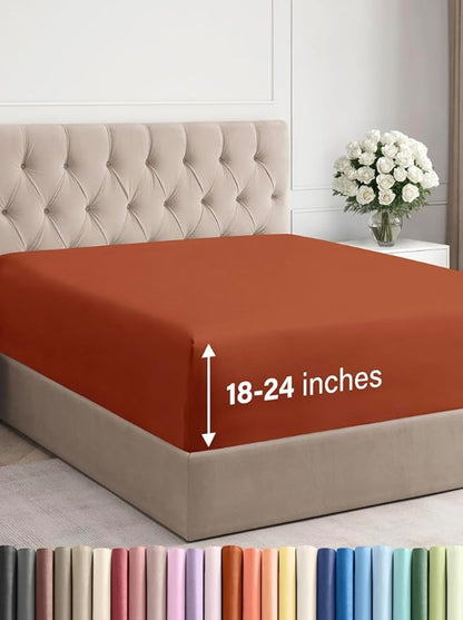 Extra Deep King Fitted Sheet - Hotel Luxury Single Fitted Sheet Only - Easily Fits 18 inch to 24 inch Mattress - Ultra Soft, Wrinkle & Fade Free w/Extra Deep Pockets - Breathable & Comfy - Terracotta