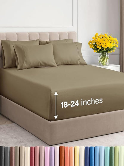 Extra Deep Full Sheet Set - 6 Piece Breathable and Cooling Sheets - Hotel Luxury Bed Sheets Set - Easy & Secure Fit - Soft, Wrinkle Free and Comfy Sheets Set - Khaki Sheet Set with Extra Deep Pockets
