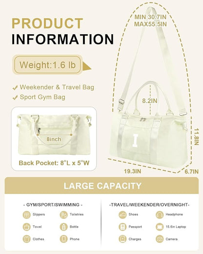 Initial Travel Duffel Bag Sports Gym Bag for Kids Teen Birthday Gifts,Beige Personalized Weekender Bag Carry On Dance Bags for Women Men,Waterproof Monogram Overnight Bag with Trolley Sleeve(Letter I)