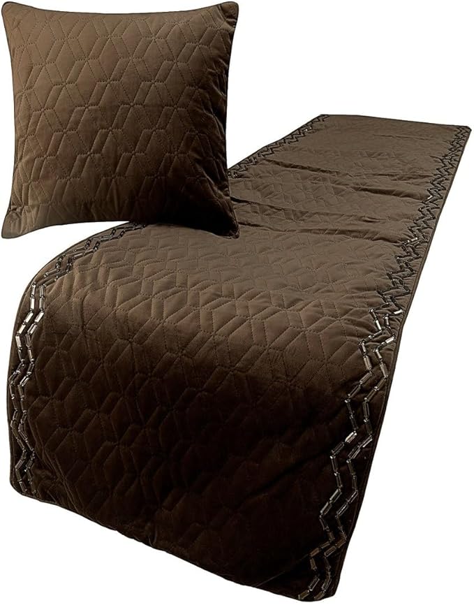 The HomeCentric King Queen Twin Brown Designer Full 68"x18" Bed Runner with Pillow Cover, Quilted & Crystals Bed Scarf on Velvet Fabric - Brown Diamond Symphony