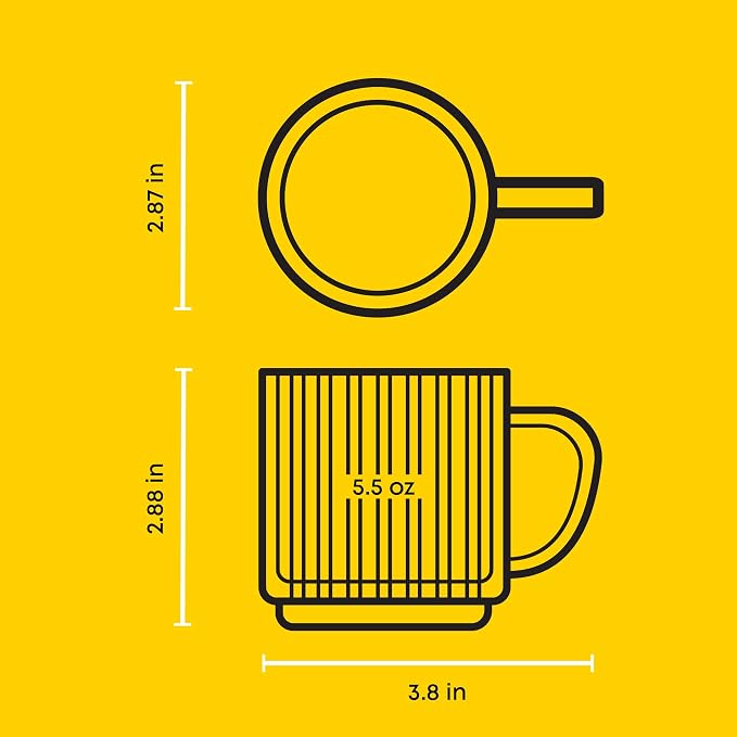 JoyJolt Haven Stackable Fluted Glass Mugs Set of 2, 5.5oz Ribbed Double Wall