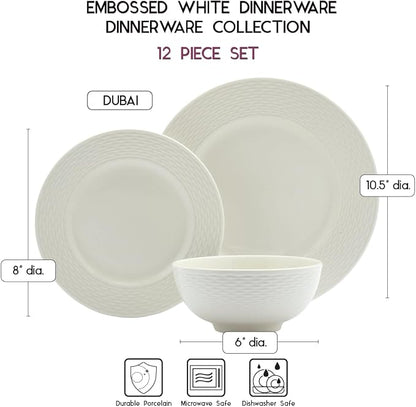 Tabletops Gallery Embossed Bone White Porcelain Round Dinnerware Collection-