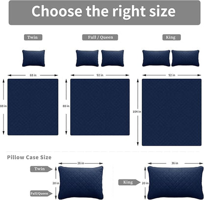 Easy-Going King Size Reversible Quilt Set with 1 Quilt and 2 Pillow Shams, Soft Bed Quilt Cover, Water Resistant Lightweight Microfiber Bedspread, Stain Resistant, Navy/Ivory