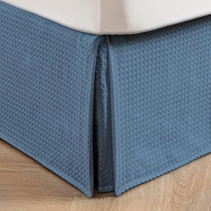 MIYE Pleated Waffle Weave Bed Skirt, Tailored Dust Ruffle 14 Inch Drop Easy Fit, Machine Washable (Blue, TwinXL - 14" Drop)