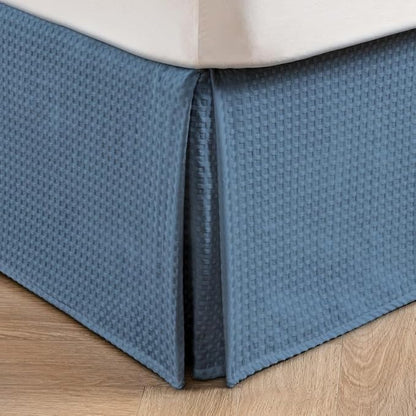 MIYE Pleated Waffle Weave Bed Skirt, Tailored Dust Ruffle 16 Inch Drop Easy Fit, Machine Washable (Blue, King - 16" Drop)