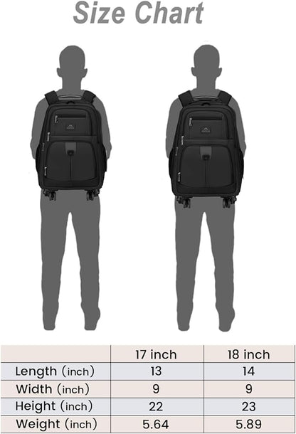 MATEIN Roller Backpack, 18 inch Large Travel Laptop Bag with 4 Wheels for Adults, Heavy Duty Wheeled Suitcase Luggage Pack for Work Business, Rolling Spinner Computer Rucksack for Men Women, Black