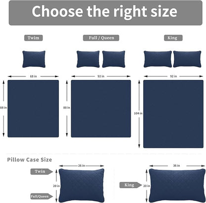 Easy-Going Queen Plus Size Reversible Quilt Set with 1 Quilt and 2 Pillow Shams, Soft Bed Quilt Cover, Water Resistant Lightweight Microfiber Bedspread, Stain Resistant, Dark Blue/Light Blue